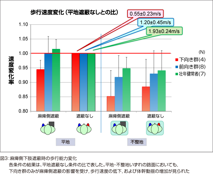 図3：麻痺側下肢遮蔽時の歩行能力変化各条件の結果は、平地遮蔽なし条件の比で表した。平地・不整地いずれの路面においても，下向き群のみが麻痺側遮蔽の影響を受け，歩行速度の低下，および体幹動揺の増加が見られた